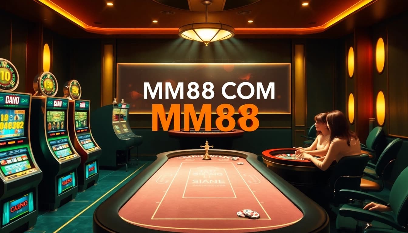 Players enjoying vibrant slot machines and poker tables at MM88 COM casino, embodying excitement and professionalism.