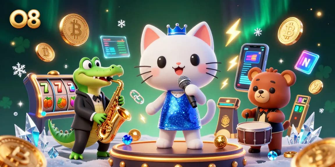 Engage in thrilling gameplay at O8 with a lively casino scene featuring vibrant characters and jackpot elements.