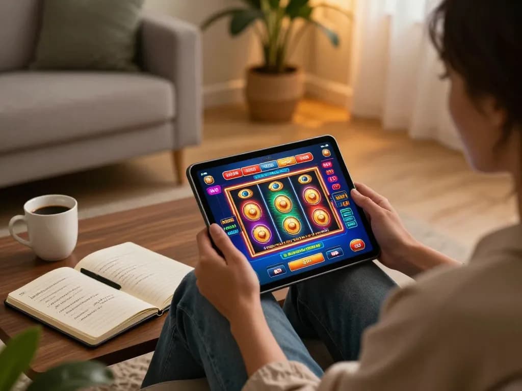 Engaging in strategic gameplay at nk88 on a tablet with vibrant casino app graphics.