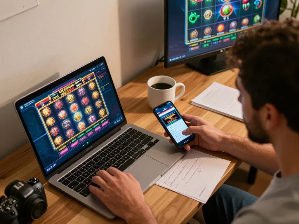 Engaged player using laptop for NHÀ CÁI LC88 online gaming experience with strategic betting notes.