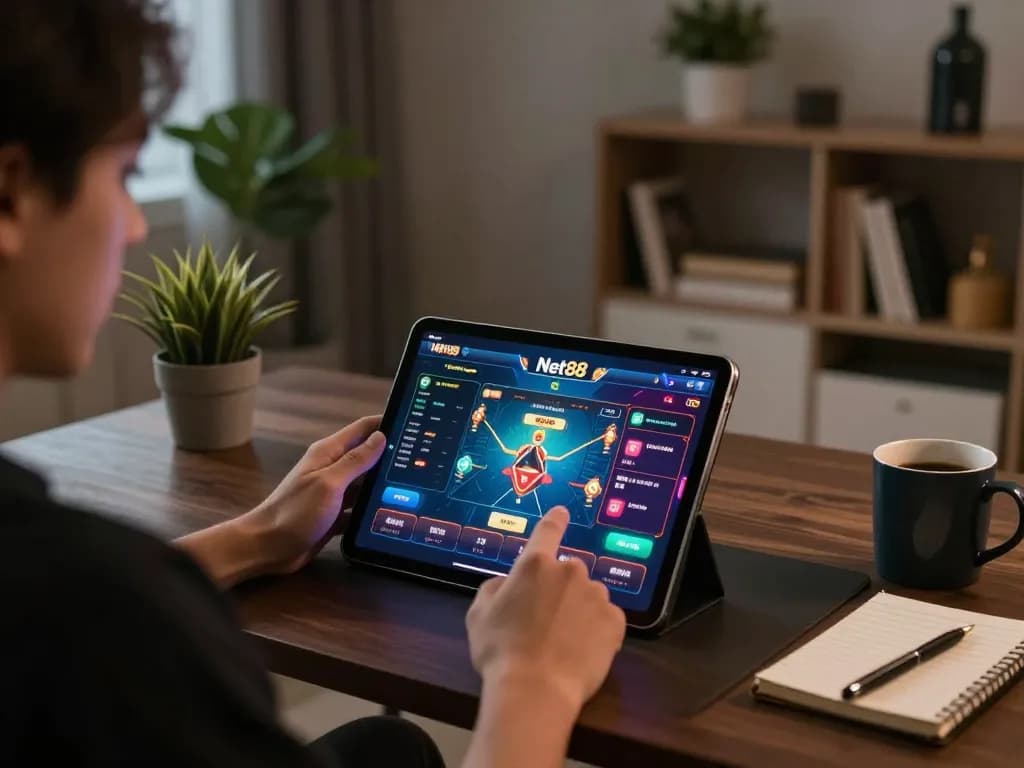 Engaging gameplay on Net88 app showcased on tablet during cozy home betting session