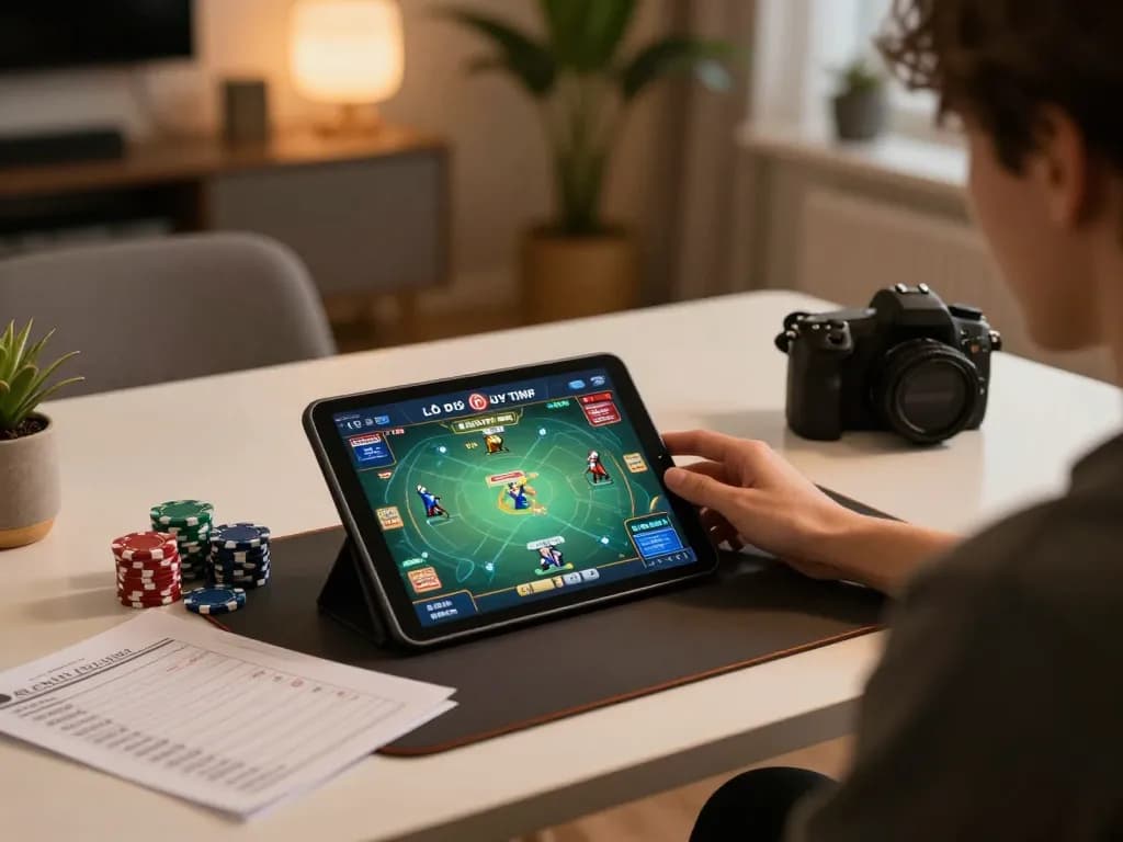 Engaging with Lô Đề Uy Tín on a tablet amidst strategic betting notes and poker chips.