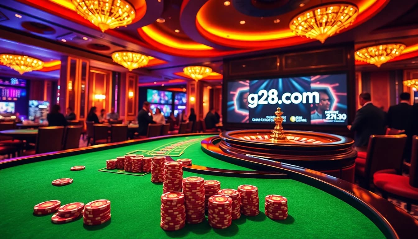 Action-packed gaming scene at g28.com, showcasing vibrant casino tables, poker chips, and a roulette wheel.
