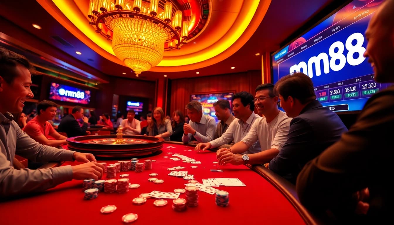 Exciting casino action at mm88 with players at the poker table and roulette wheel.