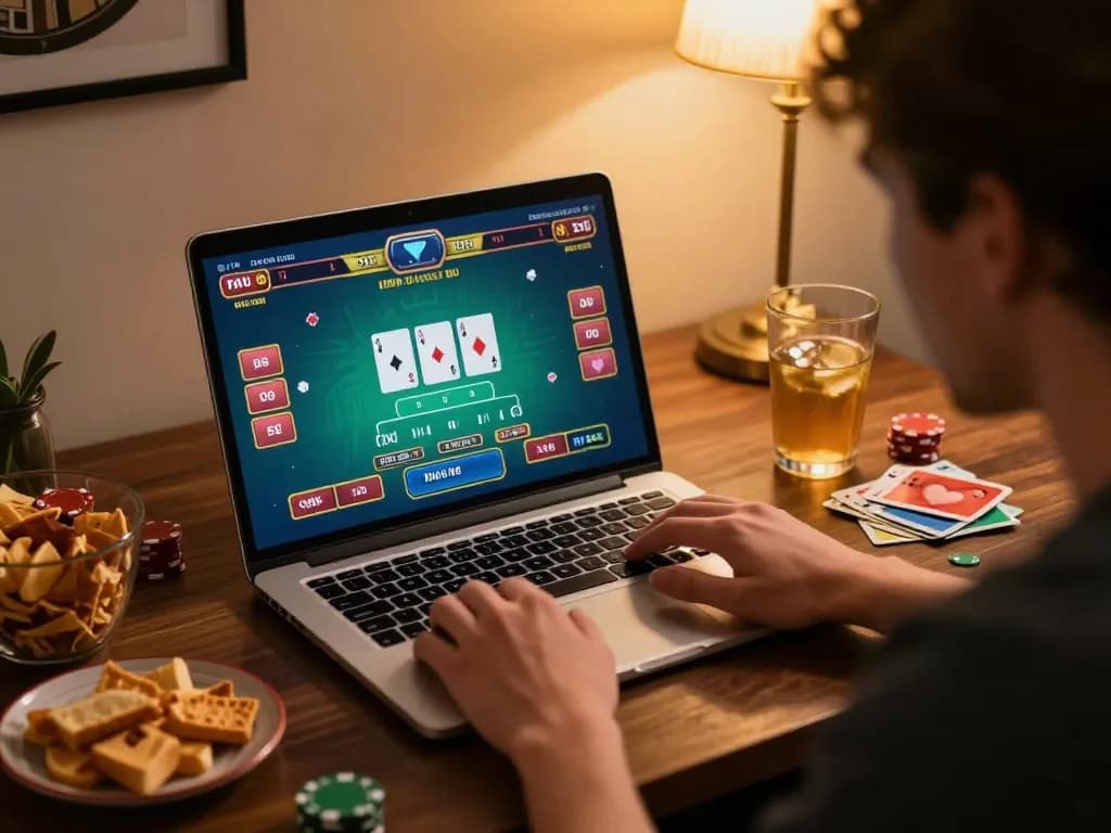 Player engaging with 33win live dealer blackjack game on laptop, showcasing vibrant gameplay and cozy atmosphere.
