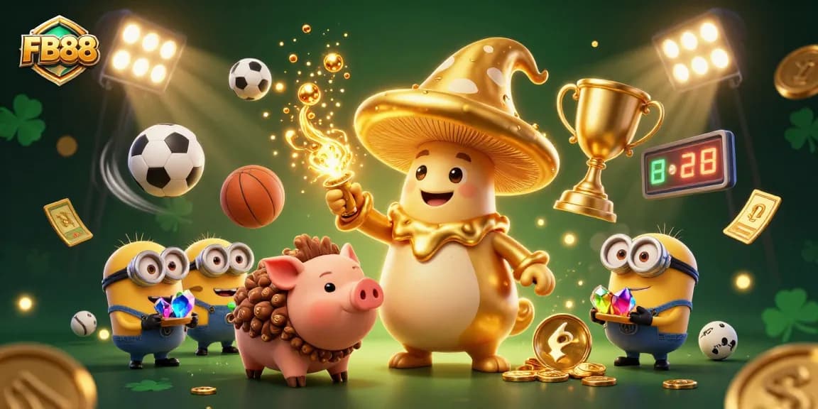 Experience winning slots and exciting sports action with FB88's vibrant casino illustration.