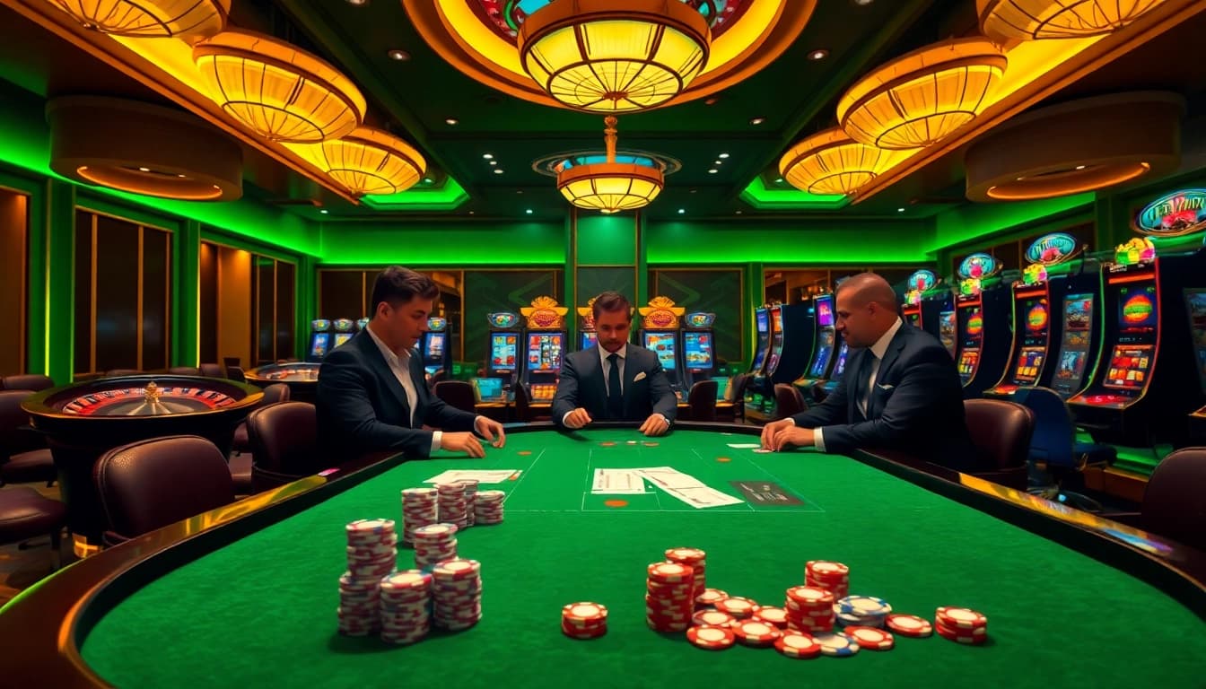 Players engaging strategically at a Sumclub poker table amidst a luxurious casino ambiance.