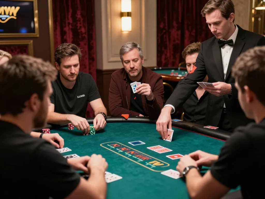 Players enjoying a thrilling poker session at LLWIN live casino, showcasing tension and strategy in luxurious surroundings.