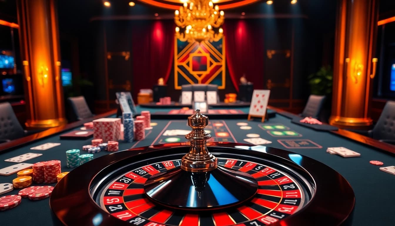 Experience the thrill of gambling at Vaobet with a professional casino scene featuring cards and roulette.