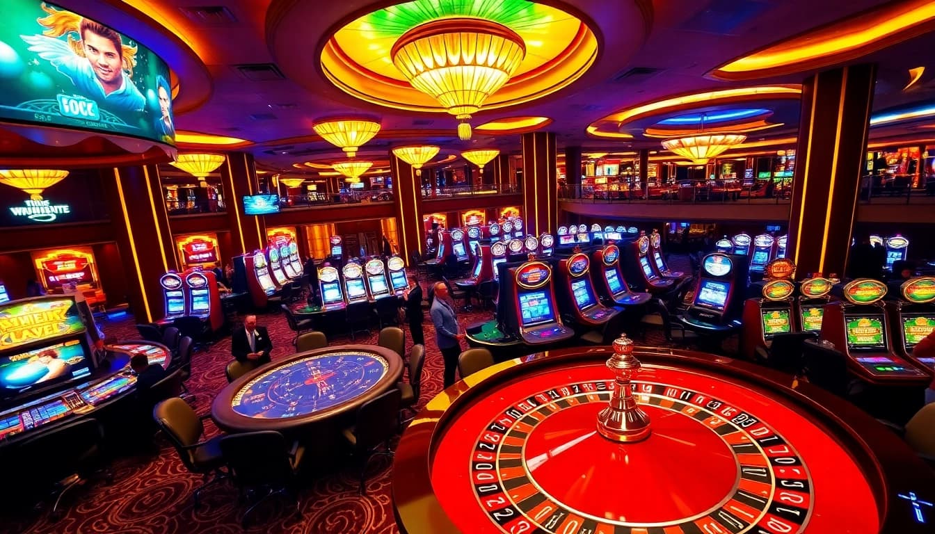 Engaged players enjoying thrilling games at https://888vnd.gb.net casino, with vibrant roulette and poker tables.