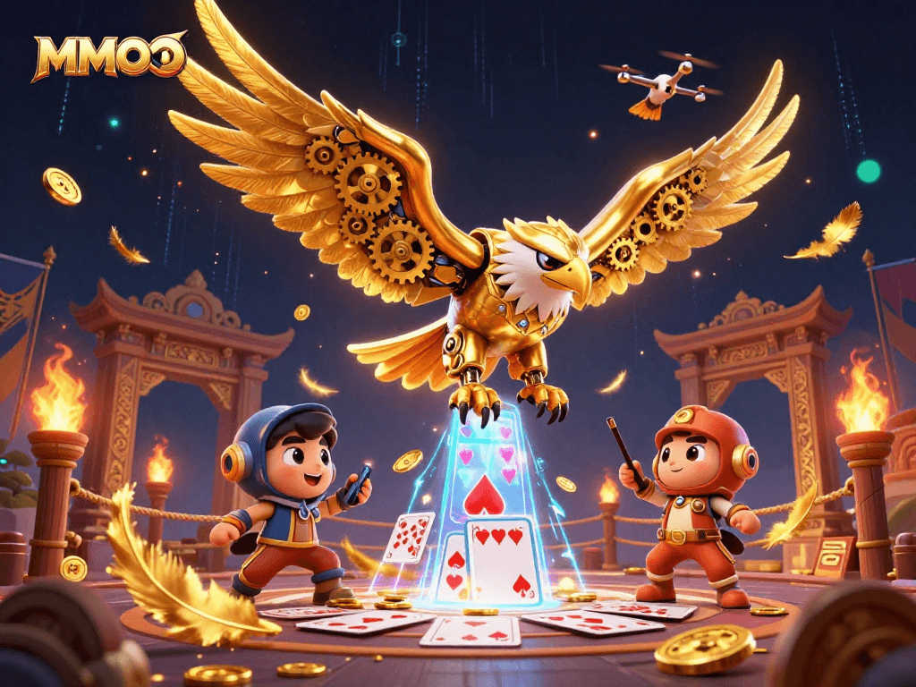 Engage with the thrilling world of MMOO as a dynamic cybernetic eagle dives through holographic cards.