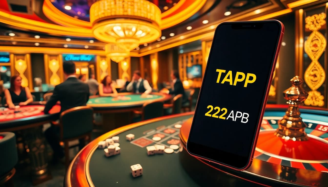 Experience TẢI APP 123GA, showcasing a vibrant casino scene filled with excited players and dynamic gambling activities.