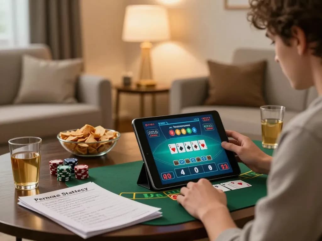 Engaging in ALO8 VIP online blackjack gameplay in a cozy living room setting.