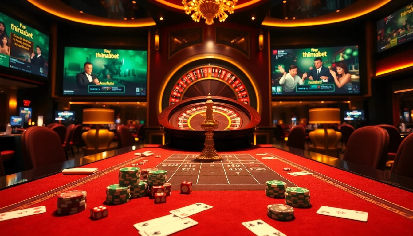 Experience thrilling gameplay at thienhabet casino with poker tables and vibrant slot machines.