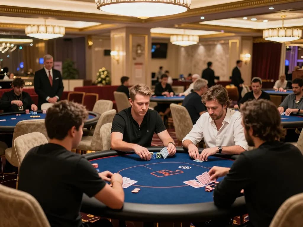 32win elite poker players engaging in strategic gameplay in a luxurious casino VIP room.