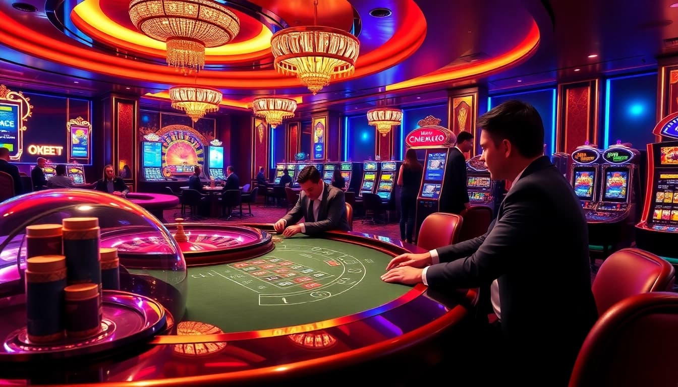 Experience the excitement of gaming at oxbet7.com with vibrant casino scenes featuring thrilling blackjack, poker, and roulette tables.