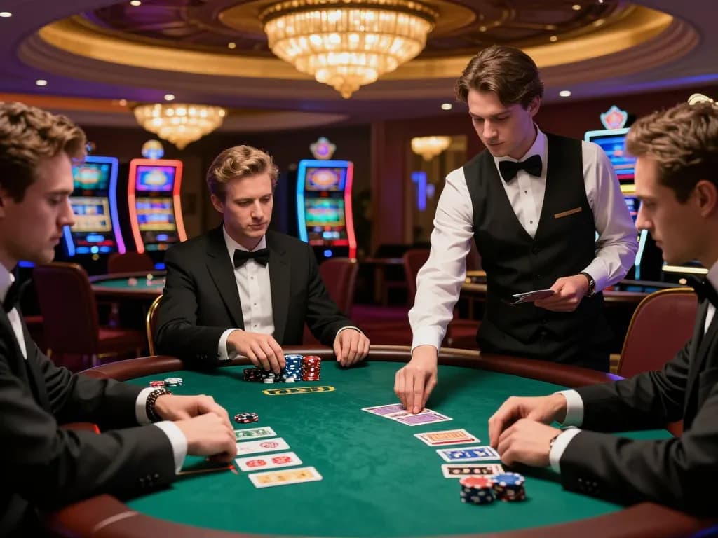 Players strategizing at hd88 blackjack table in elegant casino setting with stacked chips
