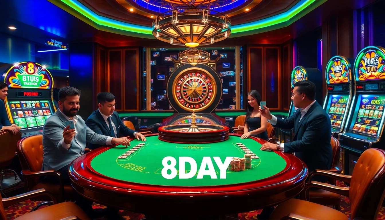 Experience an exciting 8DAY casino environment with players at a poker table and a roulette wheel.