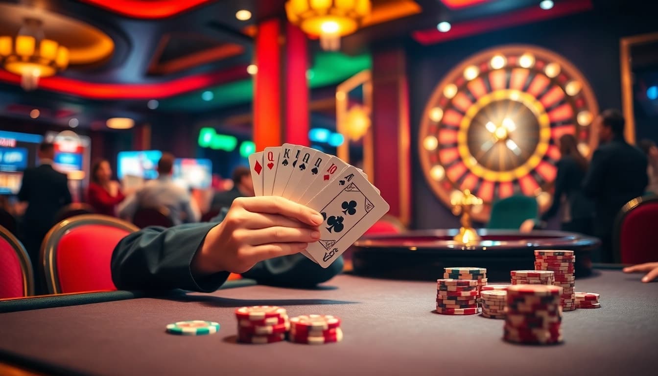 Winning a hand in poker at https://789win1.black surrounded by vibrant casino elements.