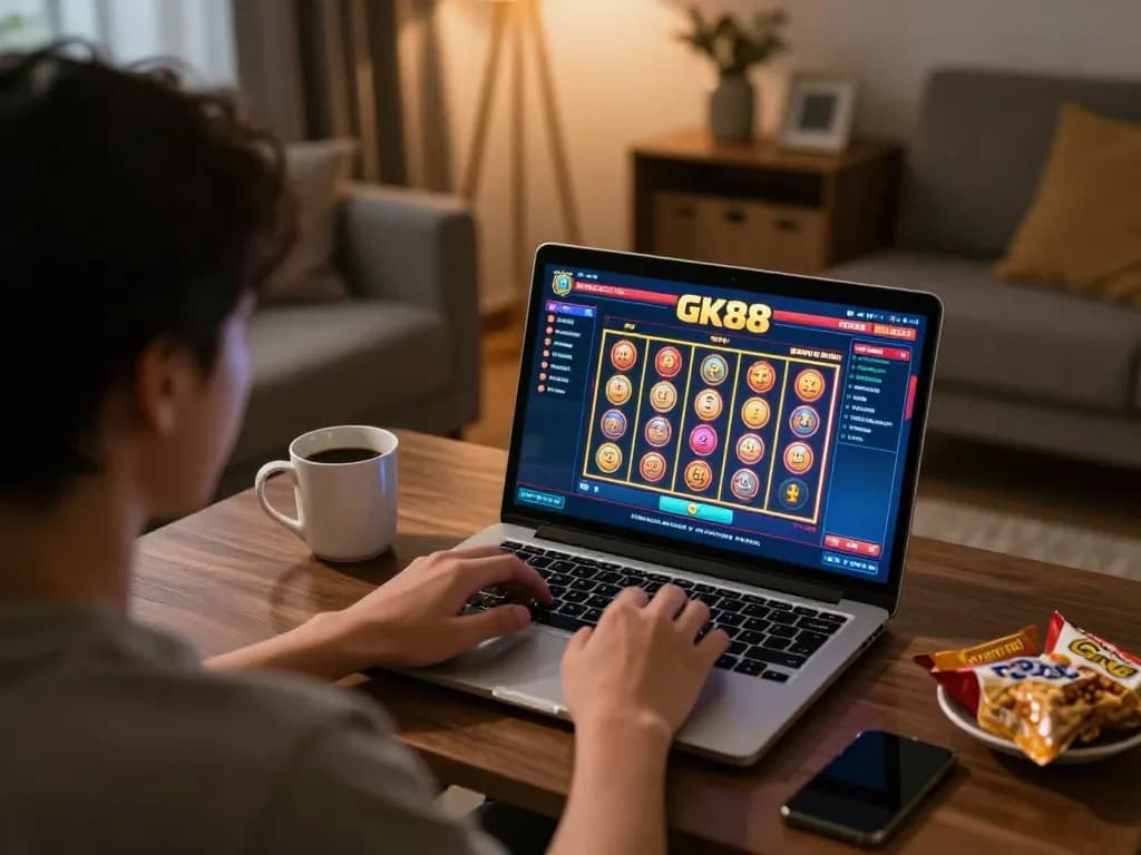 Engaging gameplay on GK88 with a player enjoying online slots in a cozy home setting.
