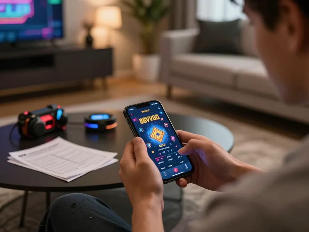 Player engaged with the 88vvgo app, showcasing responsible online gambling in a cozy living room.