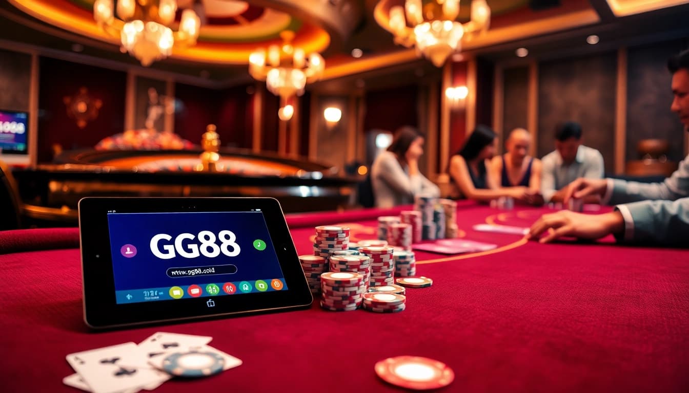 Engage in thrilling casino action at https://gg88.gold/ with a vibrant poker table and roulette wheel.