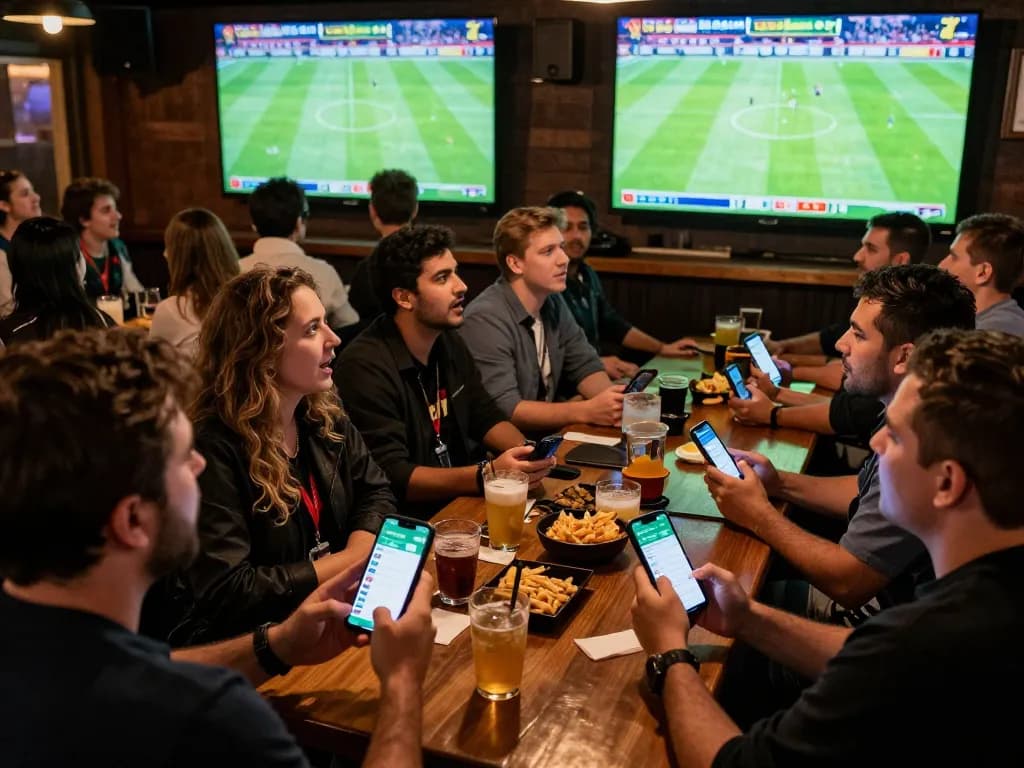 Betting on kết quả bóng đá with friends at a lively sports bar environment full of energy.