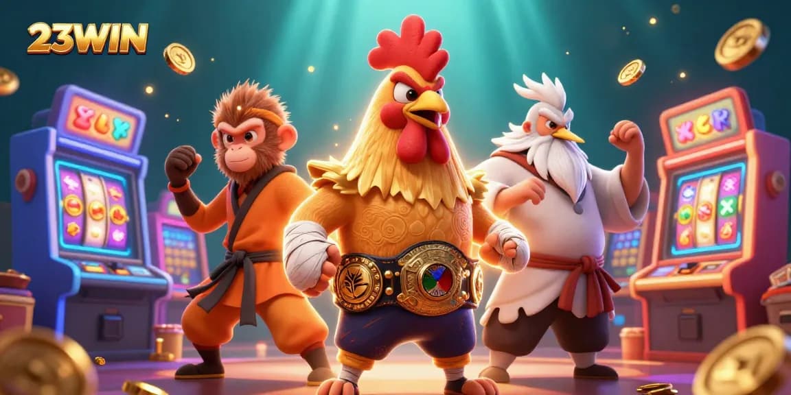 Experience thrilling gaming adventures with 23WIN, showcasing dynamic characters in a vibrant casino setting.