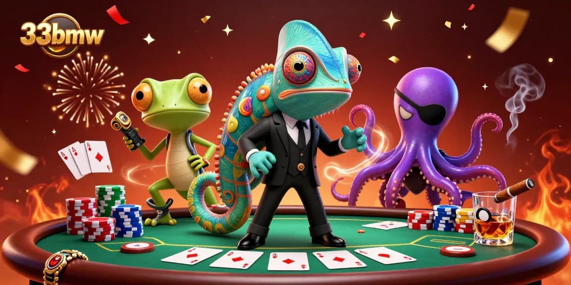 Engage with thrilling games at 33bmw, featuring a secret agent, gecko, and octopus in a vibrant poker scene.