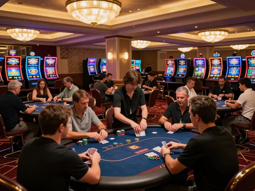 Active poker gameplay at Luck8l casino with dealers shuffling cards and players engaged at tables.