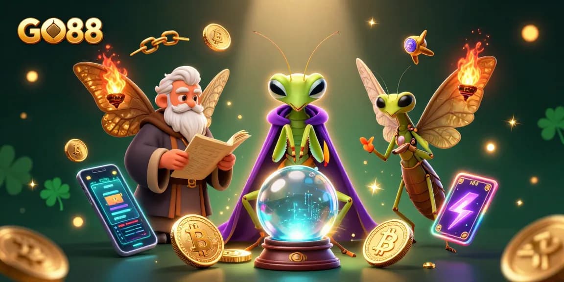 Engage in GO88's thrilling gambling adventure with a mystical scene showcasing fortune tellers and crypto elements.