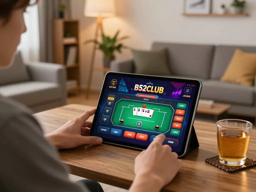 Engaging with the B52CLUB app for an exciting online poker game in a cozy home setting
