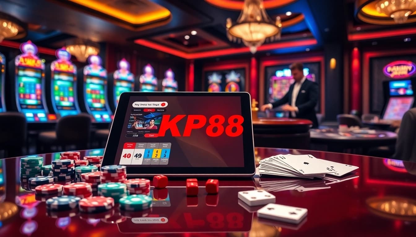 KP88 elevates the online gambling experience with vibrant casino elements like chips, cards, and a roulette wheel.