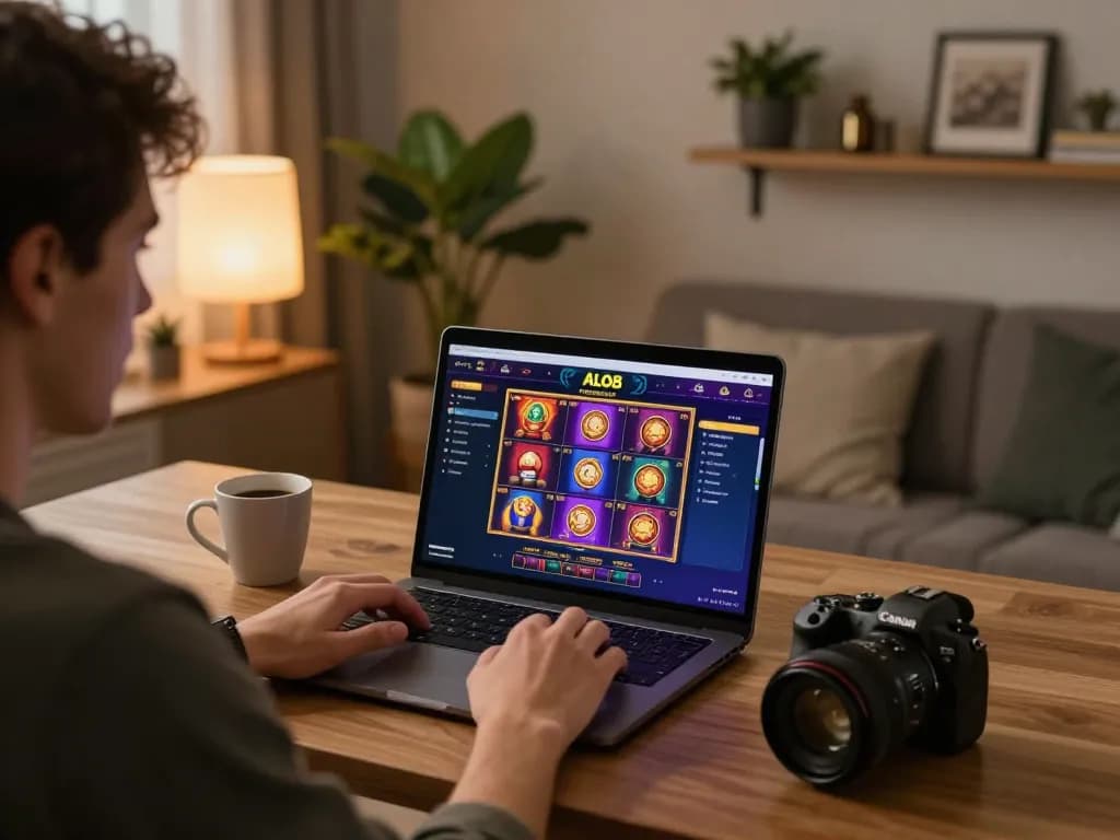 Person enjoying online casino gaming with ALO8 platform on laptop in cozy home setting