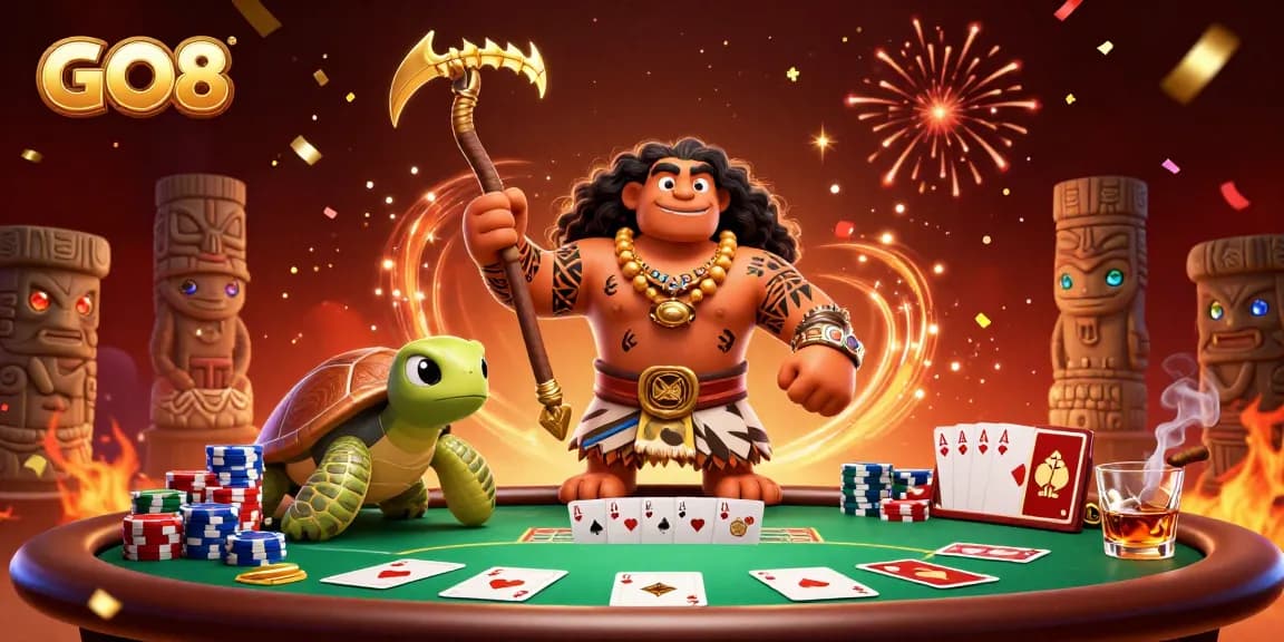 Experience thrilling wins at GO8, featuring colorful poker action with a demigod character and lively casino elements.