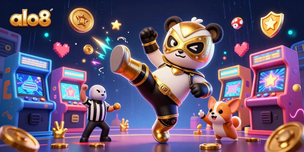 Alo8's lively 3D illustration captures a panda wrestler in action, kicking amidst colorful arcade games.