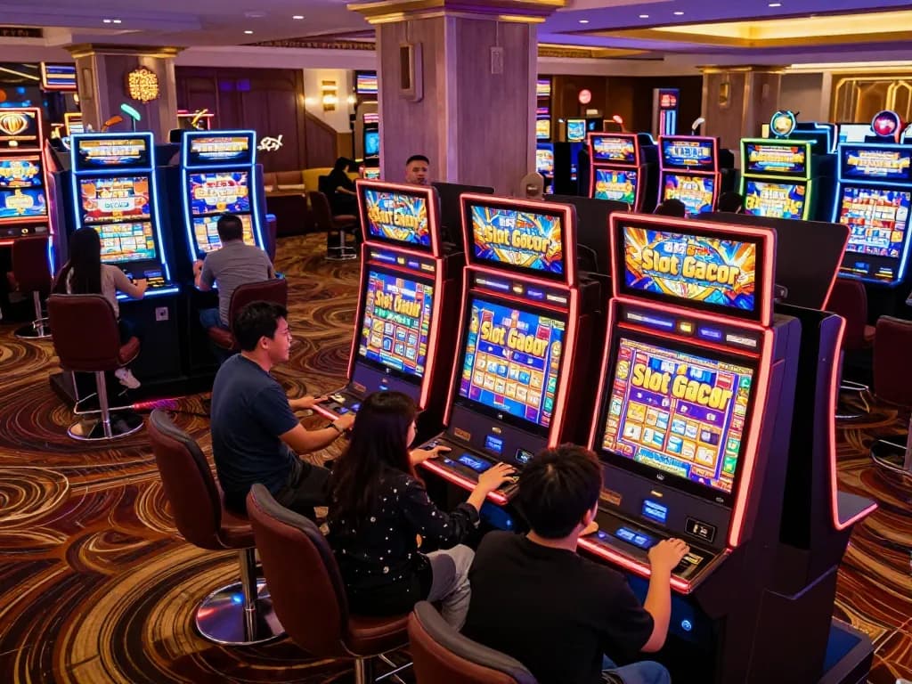 Players engaging with Slot Gacor machines in a lively casino, illuminated by vibrant neon lights