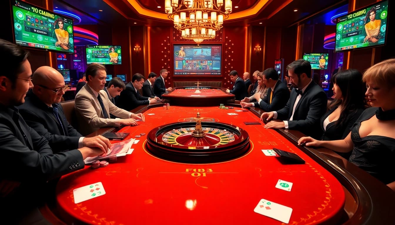 Experience the thrill of winning at FO88.COM casino, with players strategizing at a vibrant gaming table.
