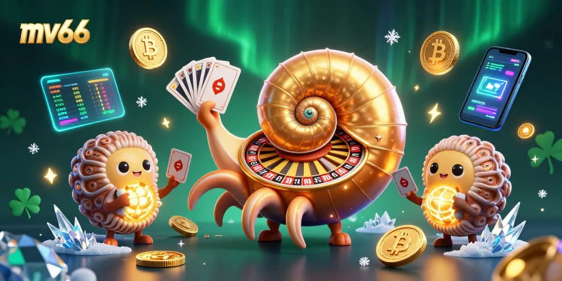 Engage in thrilling mv66 gameplay with a vibrant casino scene showcasing a giant nautilus roulette wheel and crypto elements.