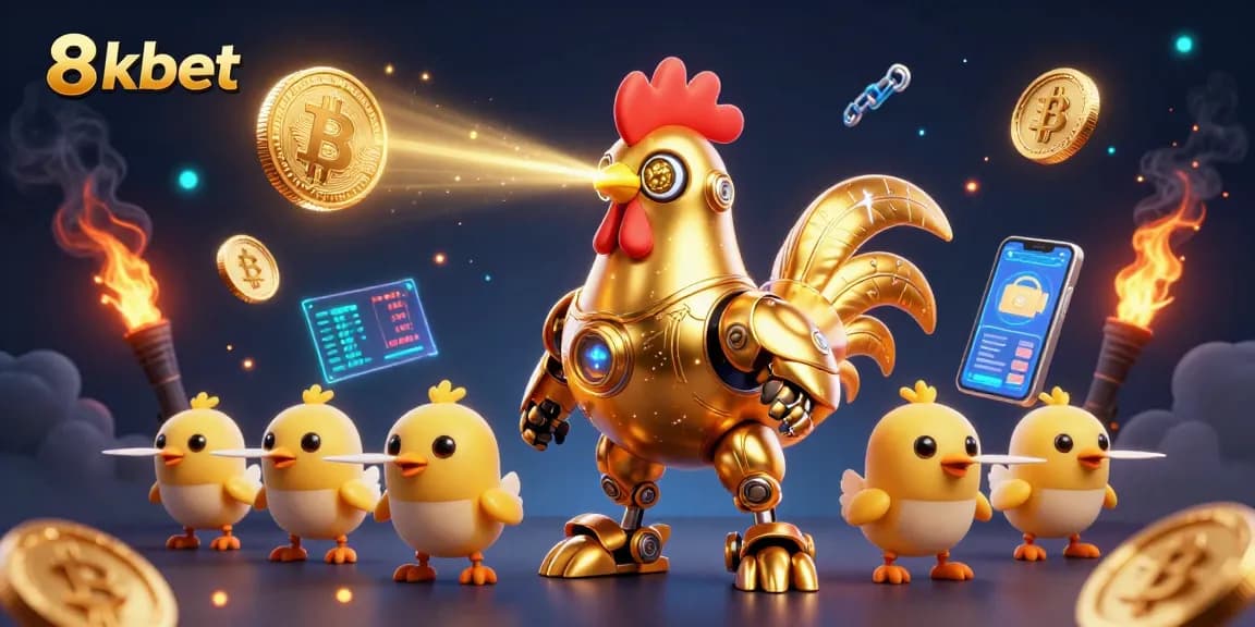 Experience thrilling gaming at 8xbet with animated golden rooster robot and crypto elements.