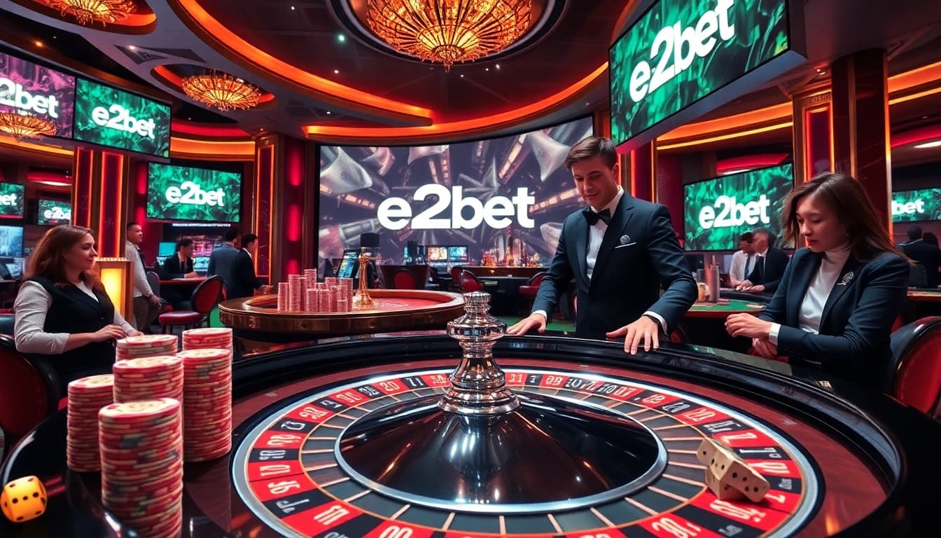 Engaging players at an exciting e2bet casino table with poker chips and roulette.