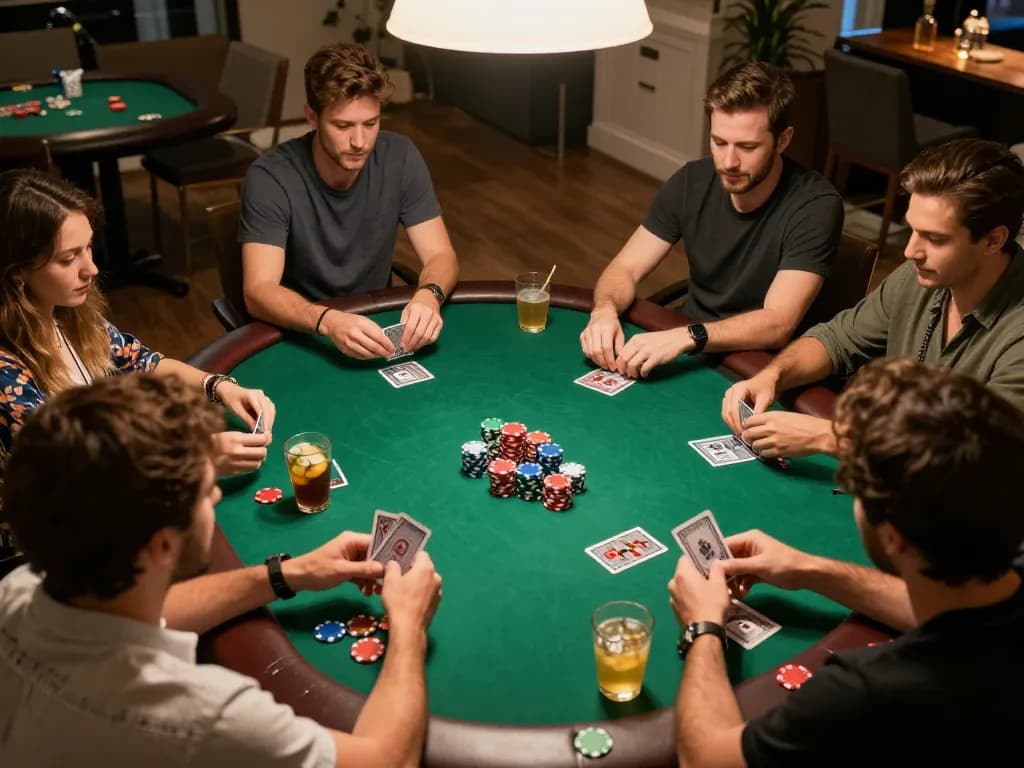 Engaged players at home poker night using strategies and chips at the table while enjoying drinks from https://9bet.works/.