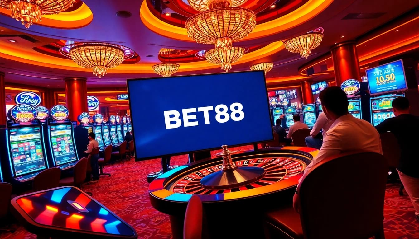 Players engaging with BET88 gambling interface amid vibrant casino décor.