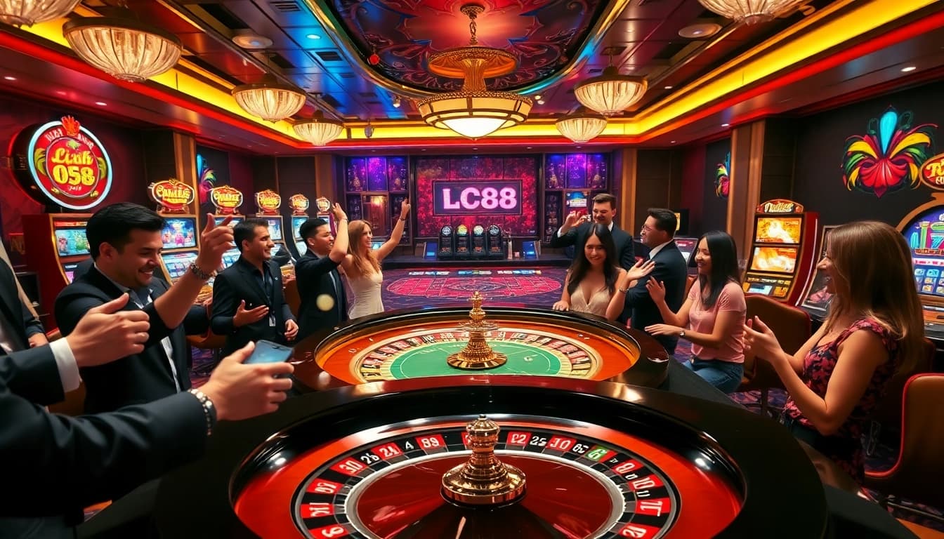 Experience the excitement of LC88 at a lavish casino with roulette, dice, and betting chips.