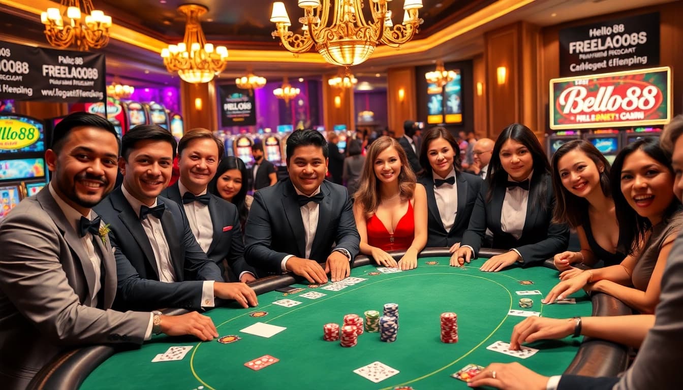 Hello88 players strategizing at a vibrant casino table with cards and chips.