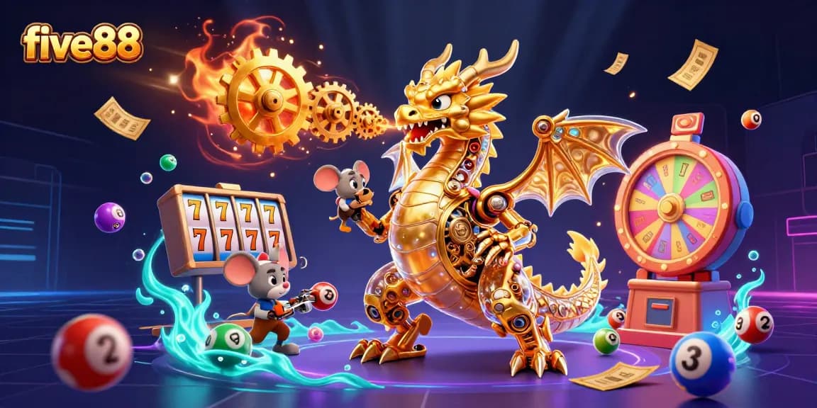 Engaging five88 online casino scene with a golden dragon, lottery balls, and vibrant gaming elements.