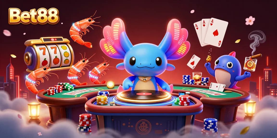 Bet88's vibrant casino scene with an axolotl DJ, poker elements, and lively underwater atmosphere.
