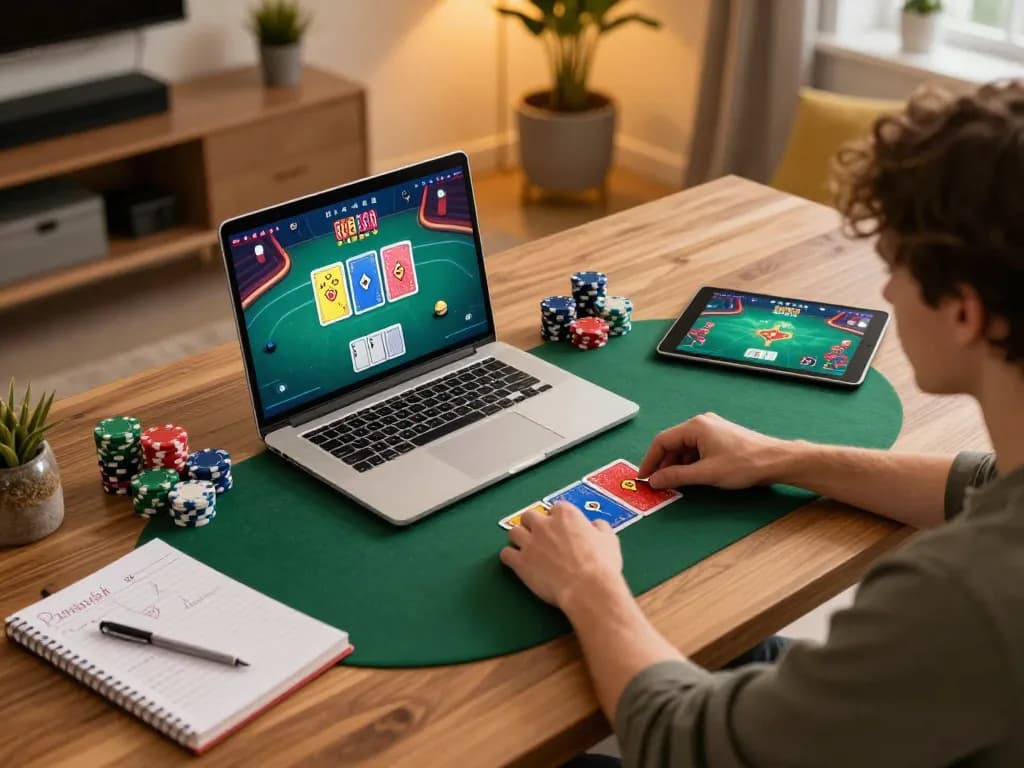 MM88 player engaging in online poker strategy at home with vibrant gaming setup.