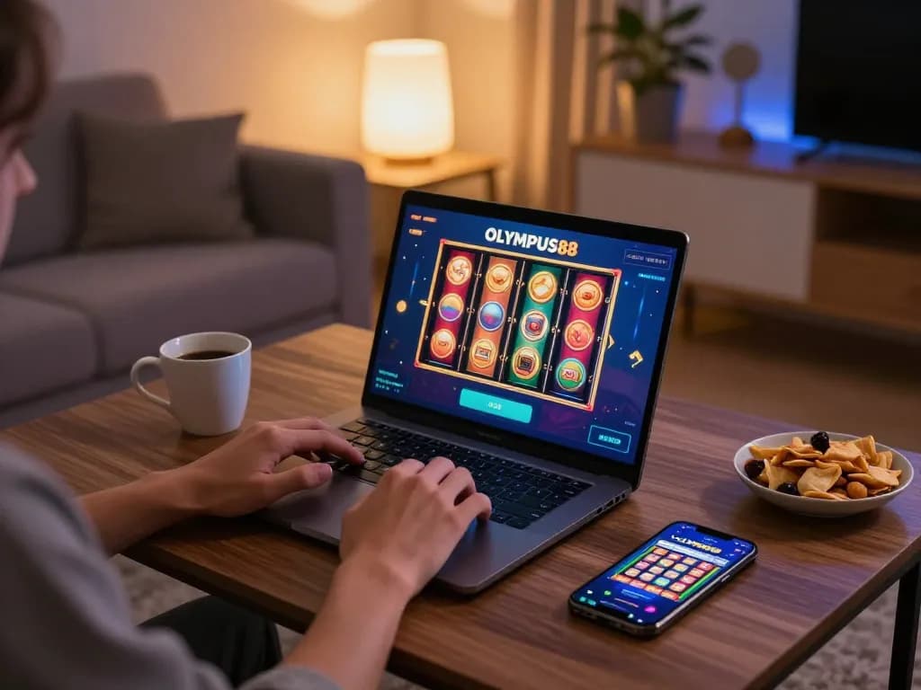 Engaged player using OLYMPUS88 on a laptop in cozy home setting, showcasing digital slot excitement.