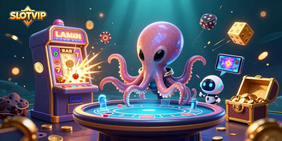 SLOTVIP features an alien octopus at a floating poker table, bursting with casino elements and energy.
